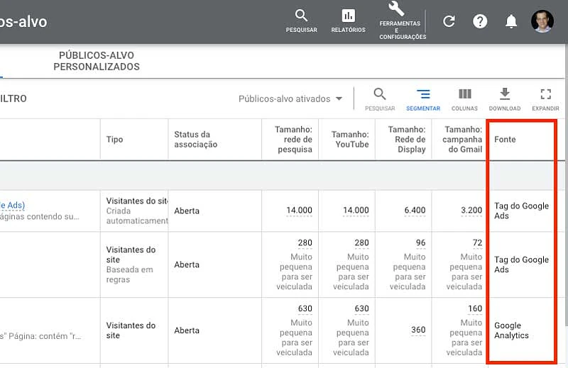 Coluna "Fonte" no Gerenciador de públicos-alvo do Google Ads