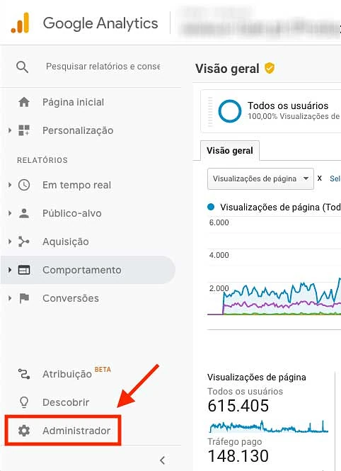 Entrar no Google Analytics e ir em Administrador