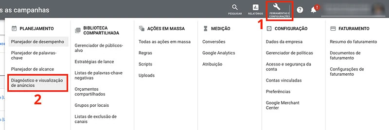 Diagnóstico e visualização de anúncios