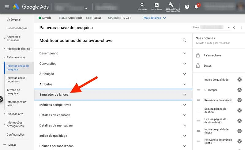 Adicionar categoria de colunas "Simulador de lances" no Google Ads