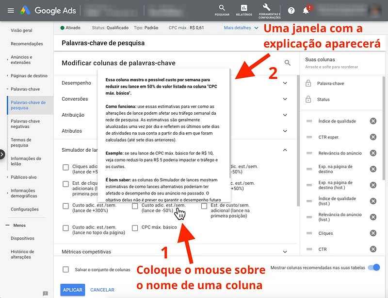 Explicação das colunas do simulador de lances do Google Ads