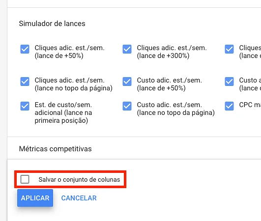 Salvar conjunto de colunas no Google Ads