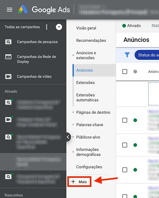 Google ads: botão "Mais" para abrir o histórico de alterações de anúncios