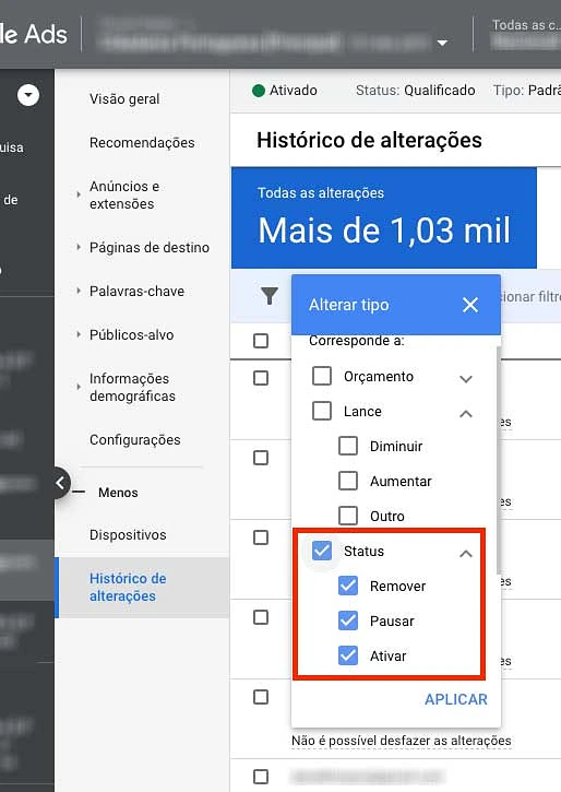 Filtros no histórico de alterações de anúncios do Google Ads