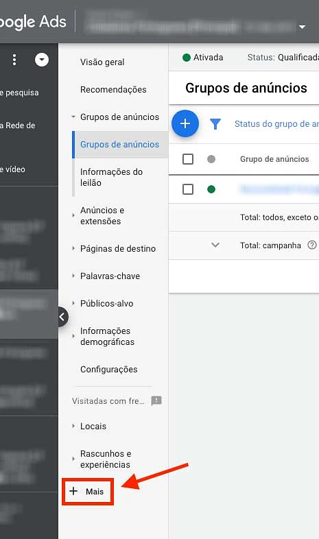 Botão "Mais" com a opção de exibir a programação de anúncios no Google Ads