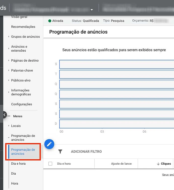 Programação de anúncios de campanha no Google Ads