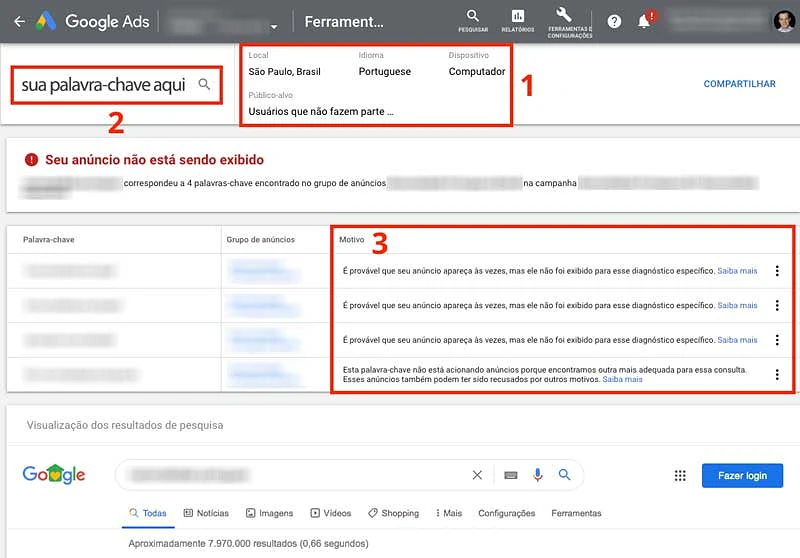 Diagnóstico e visualização de anúncios