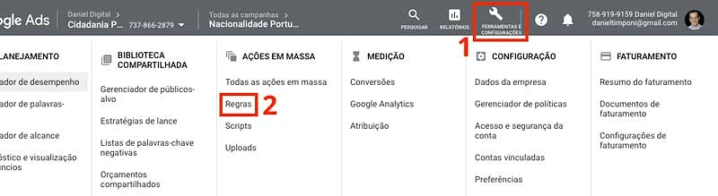 Clique em Ferramentas e Configurações e depois vá em Regras no menu superior do Google Ads