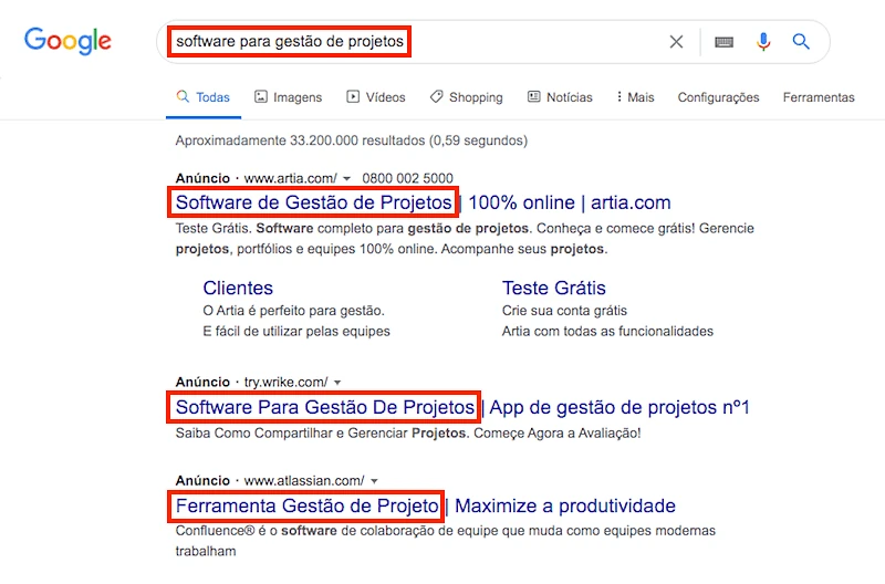 Exemplo de pesquisa no Google com a palavra-chave exata nos anúncios