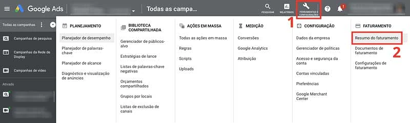 Opções de faturamento no menu do topo do Google Ads