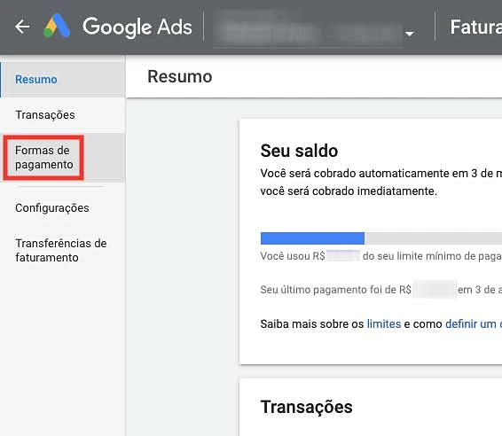 Resumo do pagamento no Google Ads