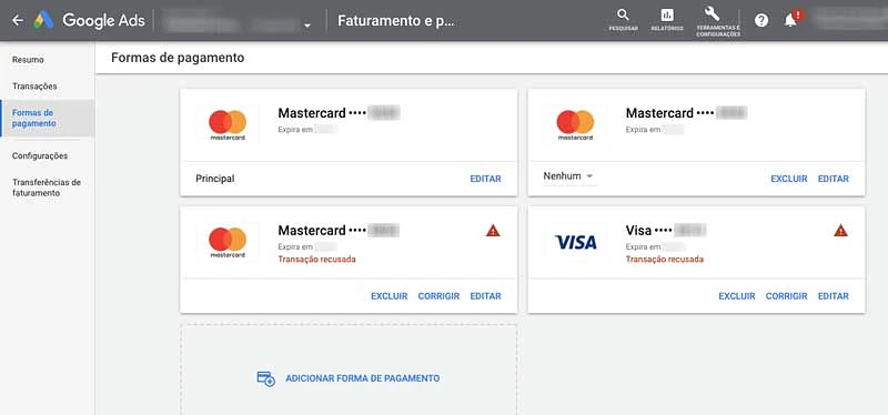 Formas de pagamento no Google Ads
