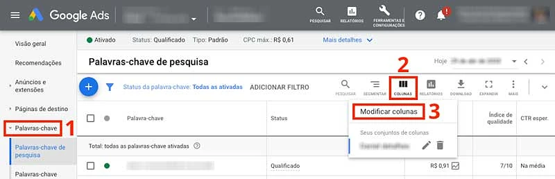 Adicionar colunas ao relatório de palavras-chave no Google Ads