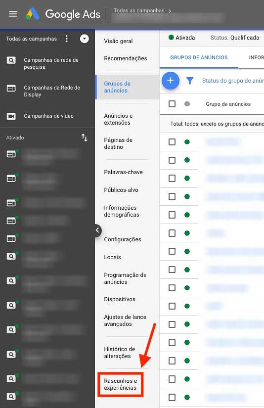 Rascunhos e experiências no Google Ads