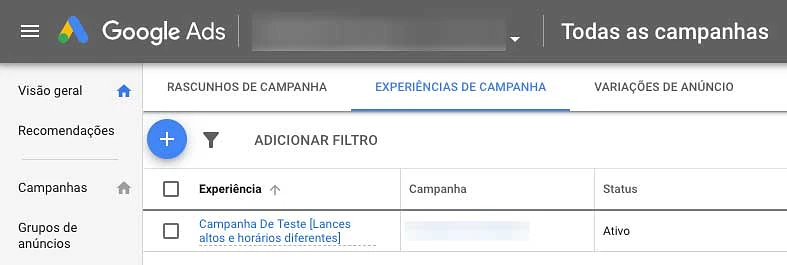 Google Ads, experiência de campanha ativa