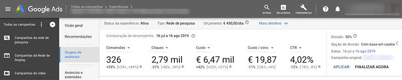 Comparar resultados das experiências de campanhas no Google Ads