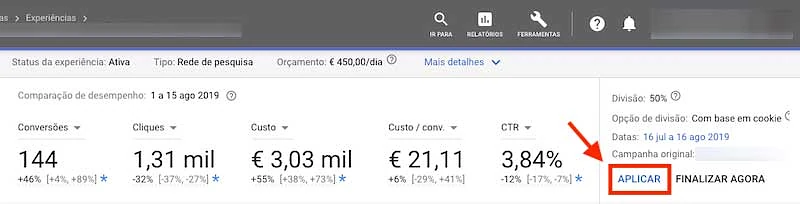 Aplicar alterações da experiência na campanha original no Google Ads