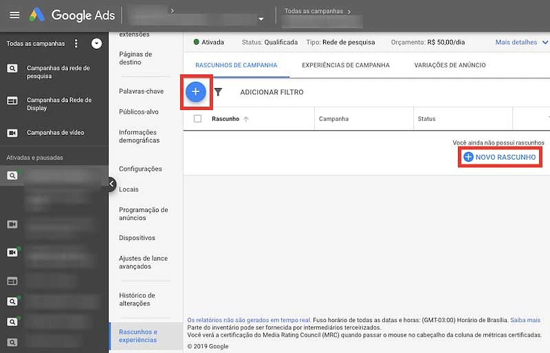 Como criar um rascunho de campanha no Google Ads