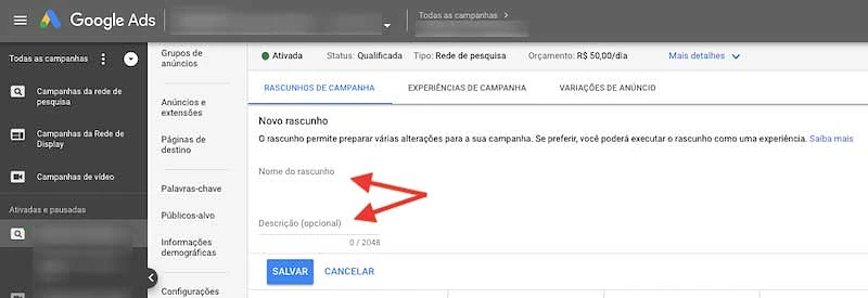 Dar nome e adicionar descrição ao rascunho da campanha no Google Ads