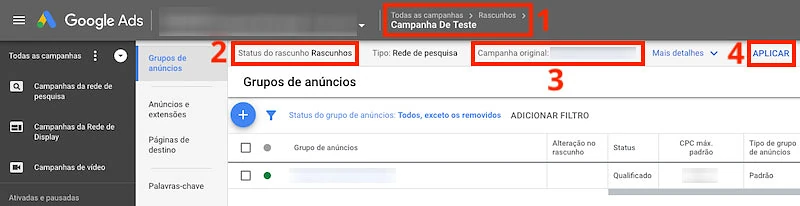 Seção de rascunhos de campanhas no Google Ads