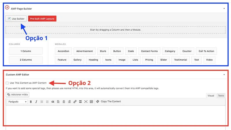 Opções de construtores de página AMP do plugin WordPress