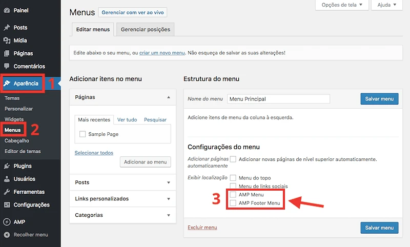 Plugin AMP for Wordpress Kaludi menu