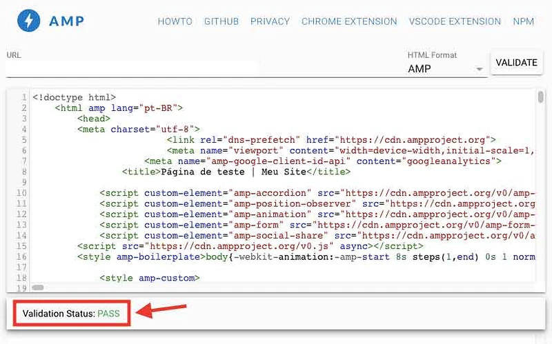 HTML página AMP Validator Pass