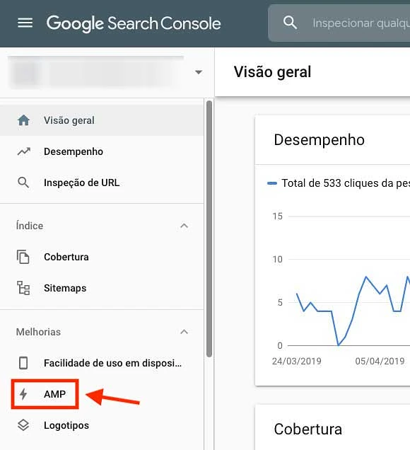 Menu páginas AMP no Google Search Console