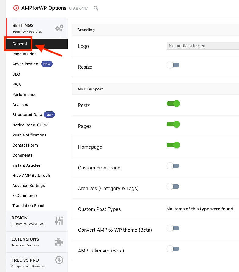 Plugin AMP for Wordpress Kaludi settings configurações