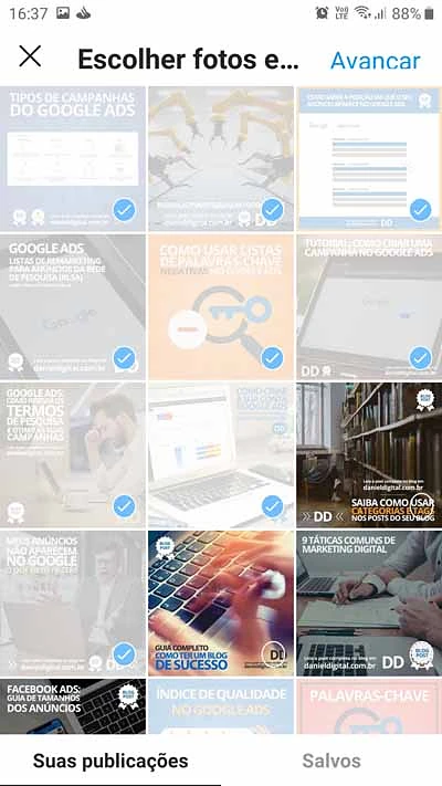Selecionando posts para incluir no Guia do Instagram