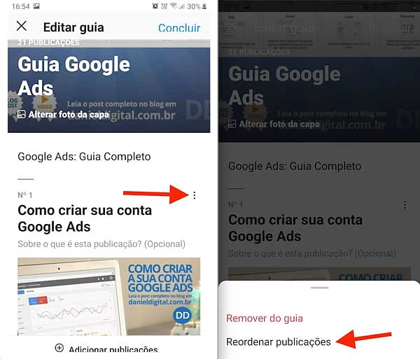 Guias do Instagram: reordenar publicações
