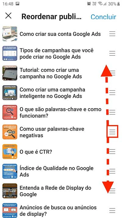 Reordenando publicações em um Guia no Instagram