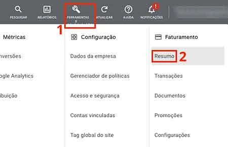 Resumo do faturamento no menu