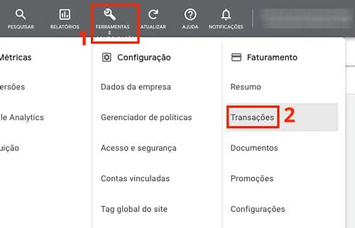 Faturamento e transações no menu do Google Ads