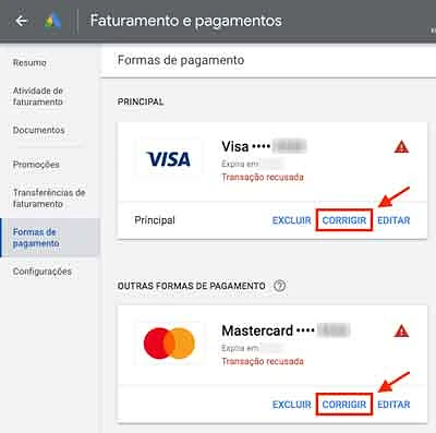 Link corrigir no cartão de crédito