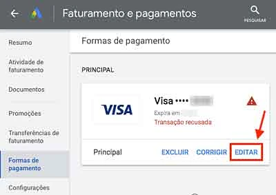 Editar cartão de crédito