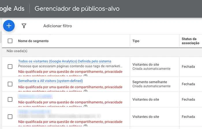 Listas de remarketing desabilitadas, não qualificadas