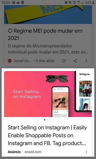 Anúncio de campanha Discovery no Discover do aplicativo da Google