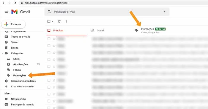 Anúncios de campanha Discovery na seção Promoções do Gmail