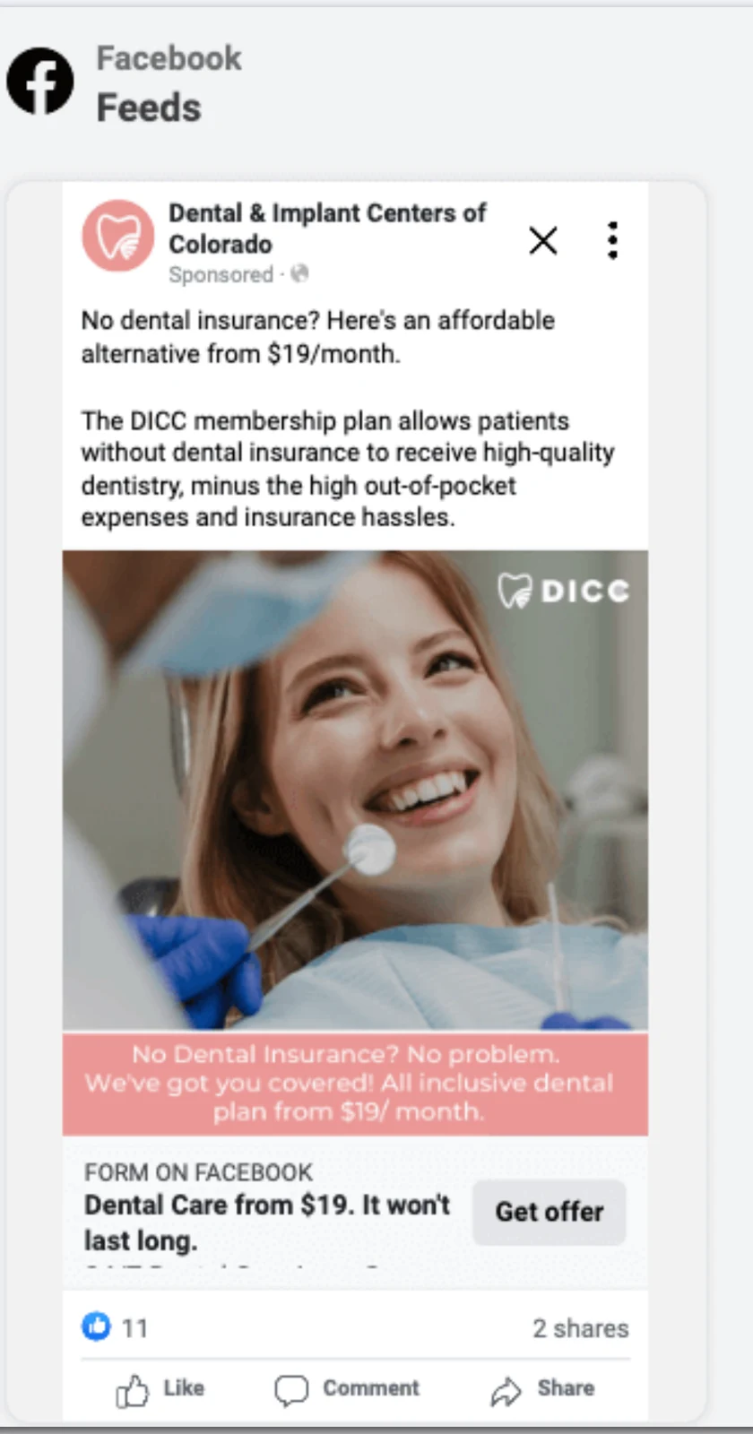 Anúncio no Facebook: o plano de assinatura da DICC para pacientes sem convênio odontológico.