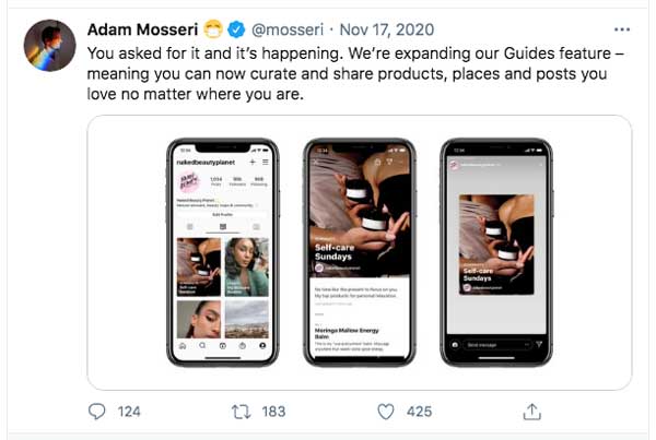 Adam Mosseri anuncia no Twitter a opção de se criar Guias no Instagram - agora para todos