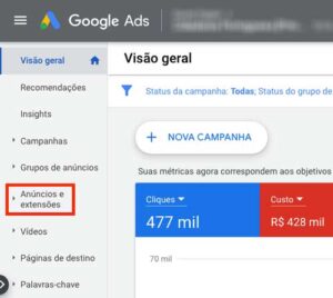Opção "anúncios e extensões" no menu da esquerda no Google Ads