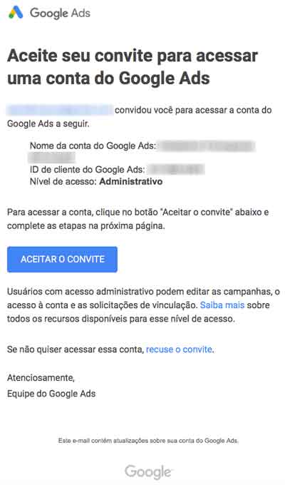 E-mail de convite para acessar uma conta Google Ads