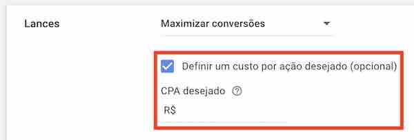 Maximizar conversões, CPA desejado