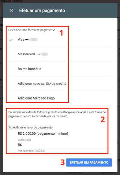 Efetuar um pagamento manual no Google Ads