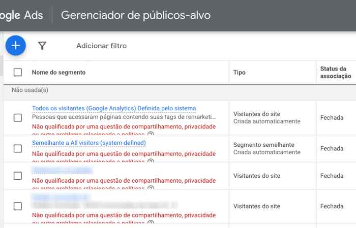 Listas de remarketing desabilitadas, não qualificadas